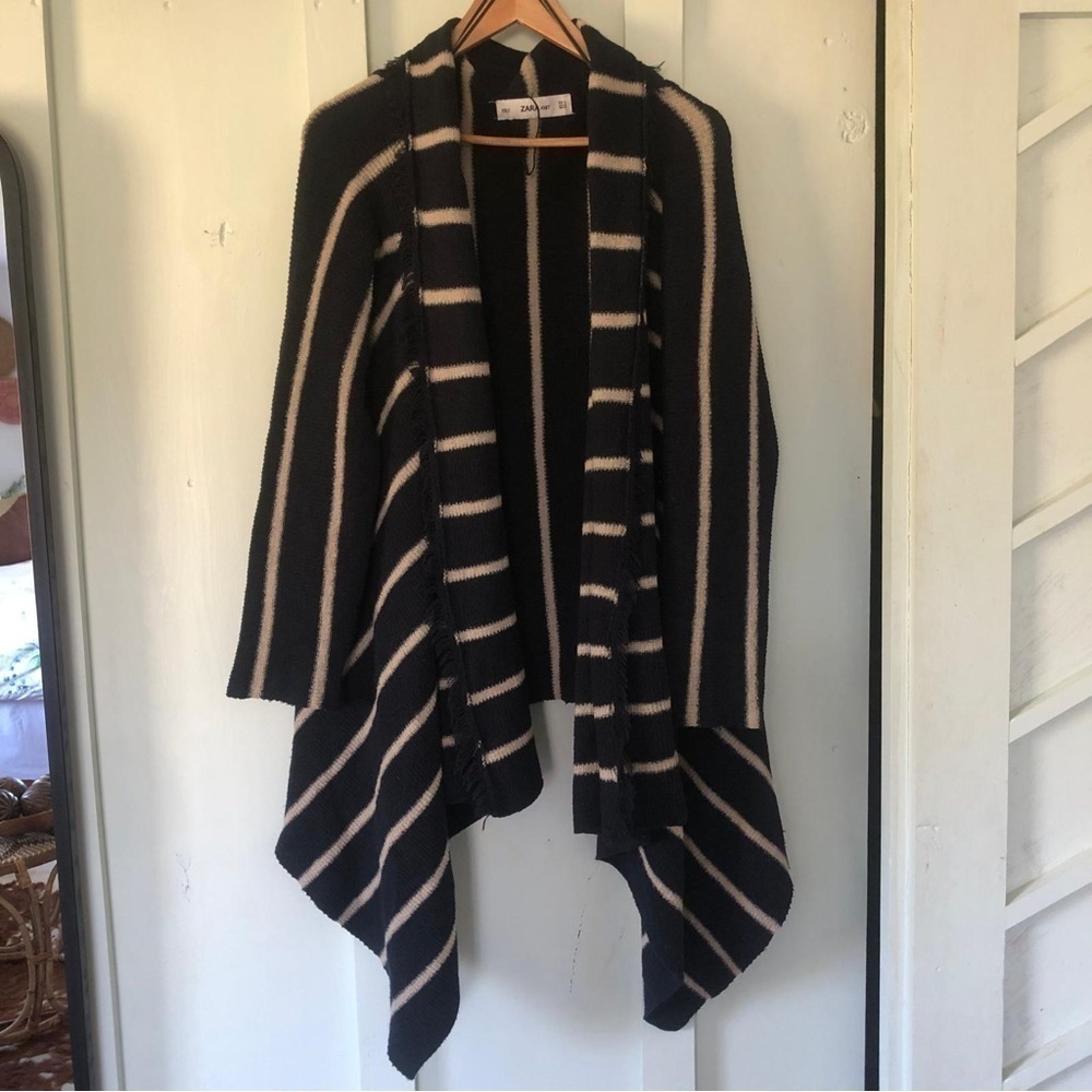 Zara Knit Blue Cream Striped Cardigan Linen Blend Sweater Fringe Edge - Picture 8 of 12
